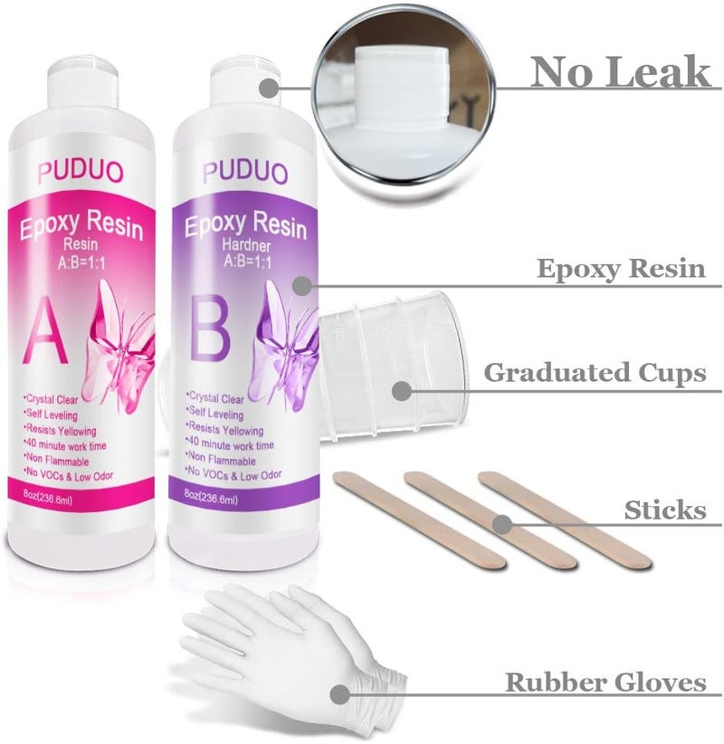 Puduo Epoxy Resin Crystal Clear Kit for Art, Jewelry, Crafts, Coating- 16 OZ Including 8OZ Resin and 8OZ Hardener | Bonus 4 pcs Measuring Cups, 3pcs Sticks, 1 Pair Rubber Gloves by - Image 4